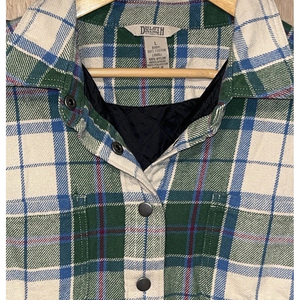 Duluth Trading Co Snap Front Flannel Shirt Jacket‎ L Green Plaid Lined Insulated